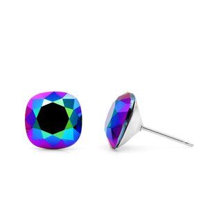 10mm Iridescent Swarovski Studs | Cushion Cut Crystal Earrings | Hypoallergenic